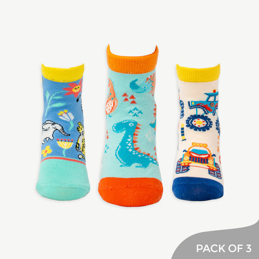 Jungle Adventure Ankle Socks for kids with Animals, Dino & Monster Designs - Pack of 3