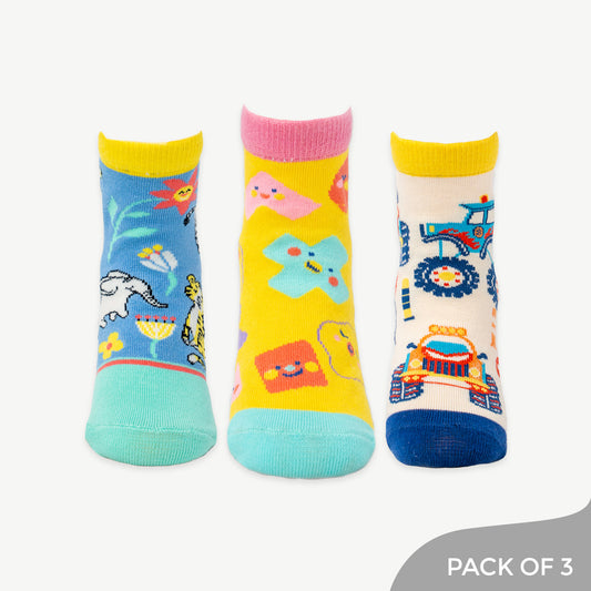 Explorer Squad Set which includes Animal, Monster Truck and Shapes Designs Socks - Pack of 3