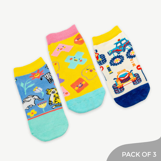 Explorer Squad Set which includes Animal, Monster Truck and Shapes Designs Socks - Pack of 3