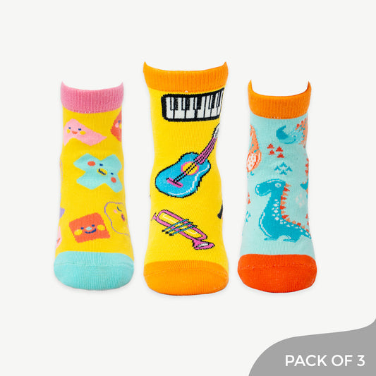 Dynamic Beats Ankle socks with Music, Dino & Shapes designs - Pack of 3