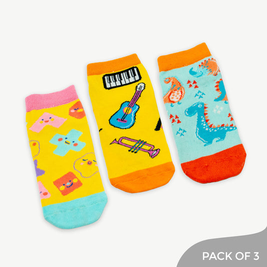 Dynamic Beats Ankle socks with Music, Dino & Shapes designs - Pack of 3