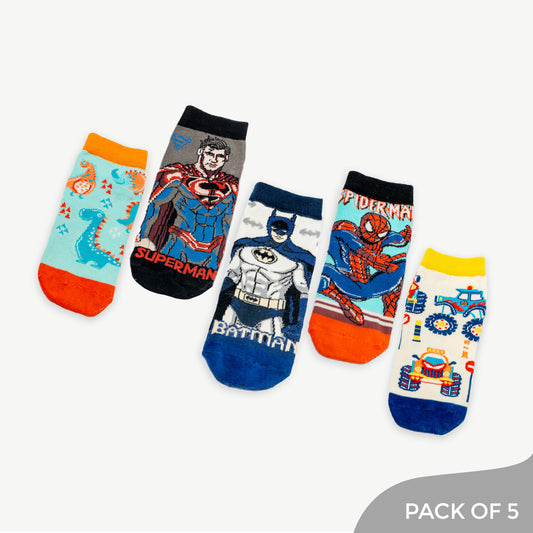 Explore Jungle Jam with Batman ,Spiderman, Superman, Monster Truck, Dino pattern socks - Pack of 5