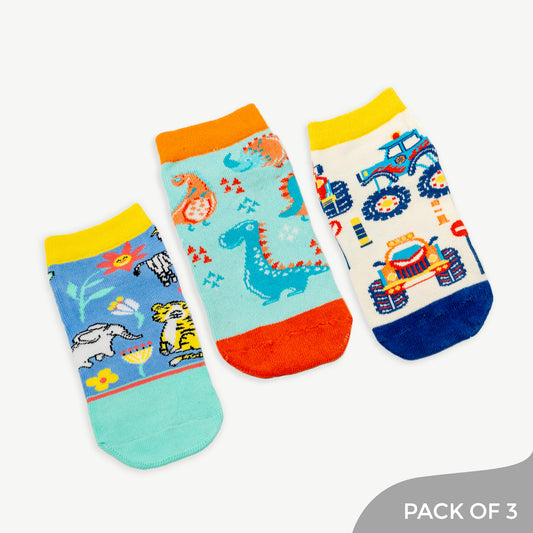 Jungle Adventure Ankle Socks for kids with Animals, Dino & Monster Designs - Pack of 3
