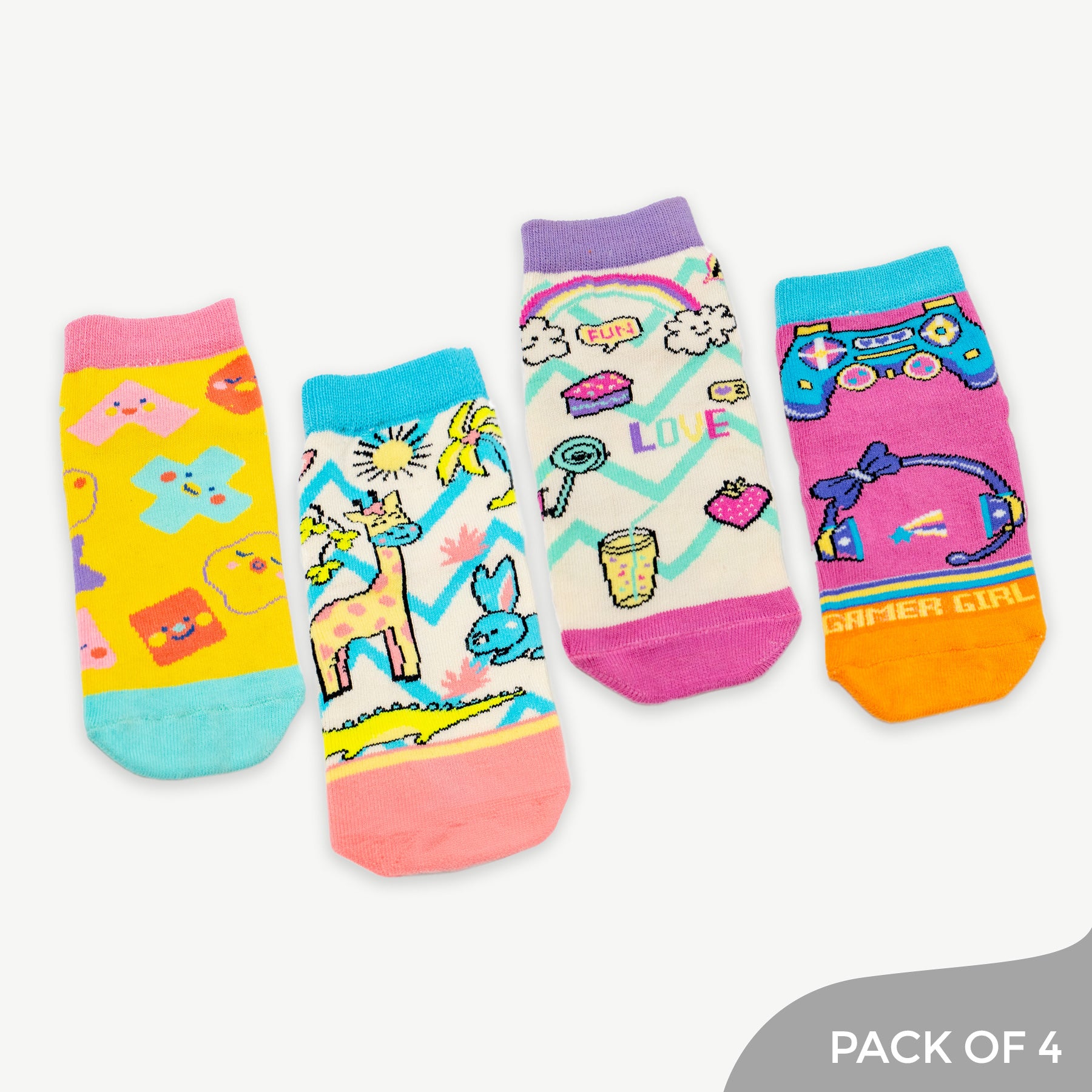 Step Into Dreamy Dazzle Amimal Kingdom , Gamer Girl, Cute shapes, Good Vibes - Pack of 4 Socks
