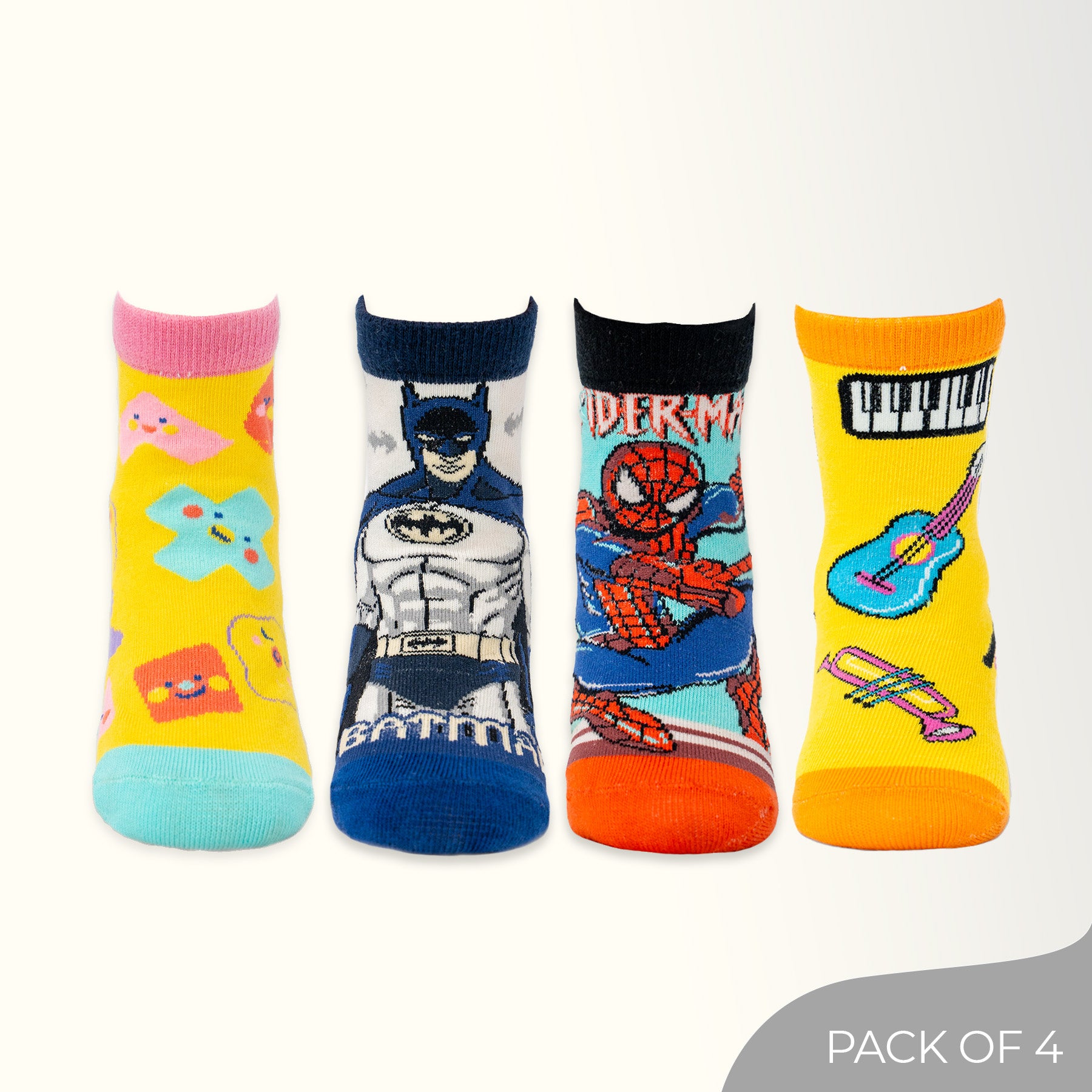 Superhero Melodies socks set including designs like Music, Cute shapes, Spiderman, Batman -  Pack of 4