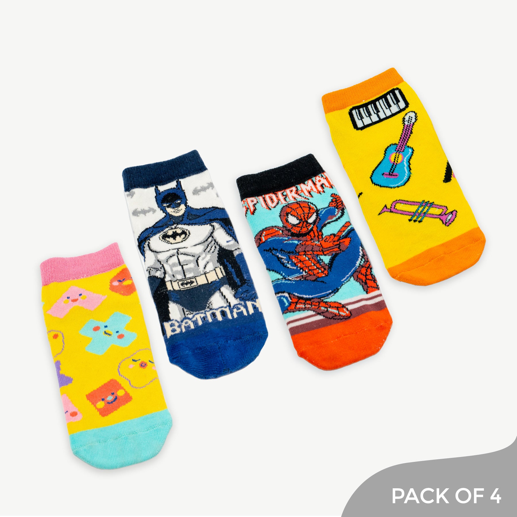 Superhero Melodies socks set including designs like Music, Cute shapes, Spiderman, Batman -  Pack of 4