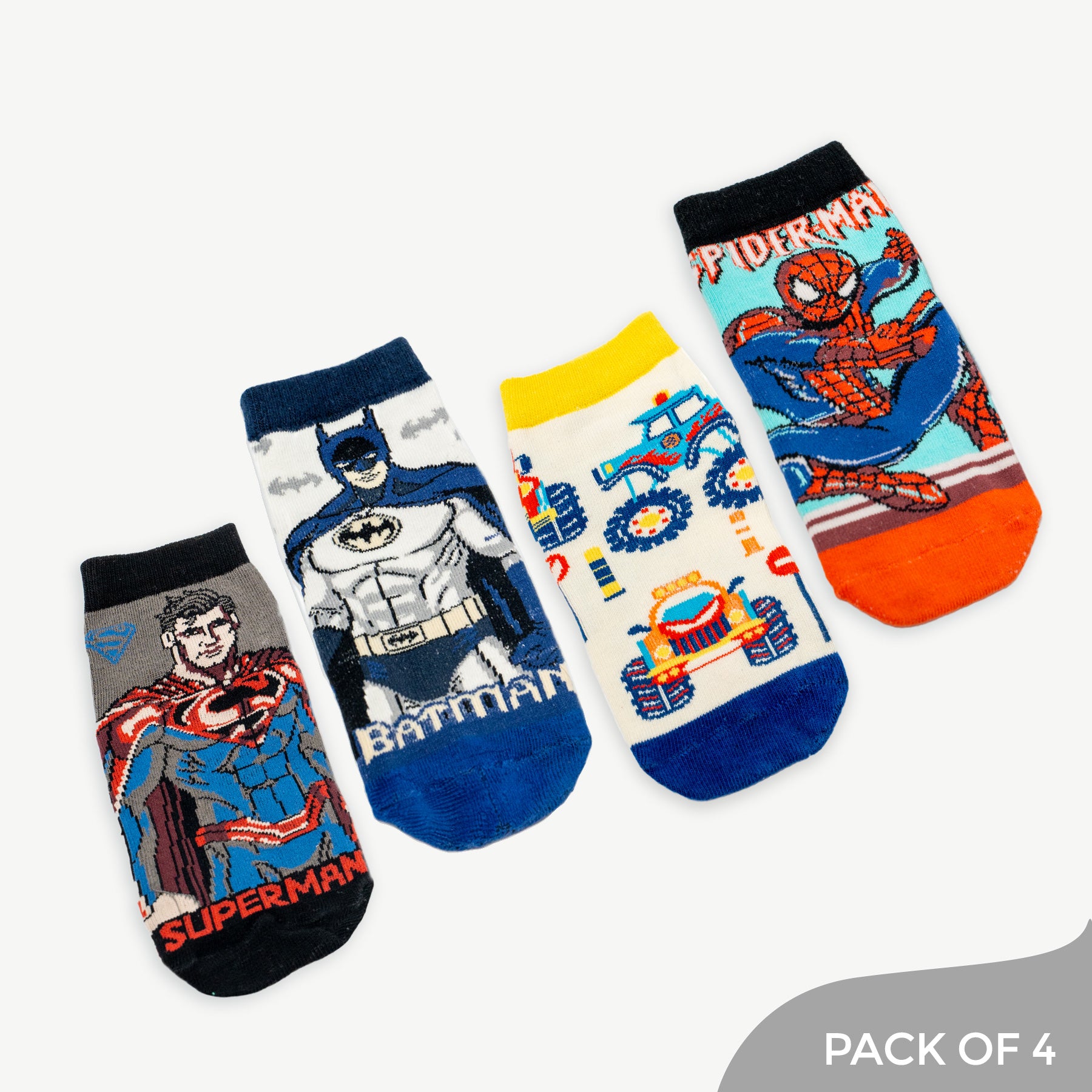 Heroic Fusion including Batman, Spiderman, Superman, Monster Truck socks- Pack of 4