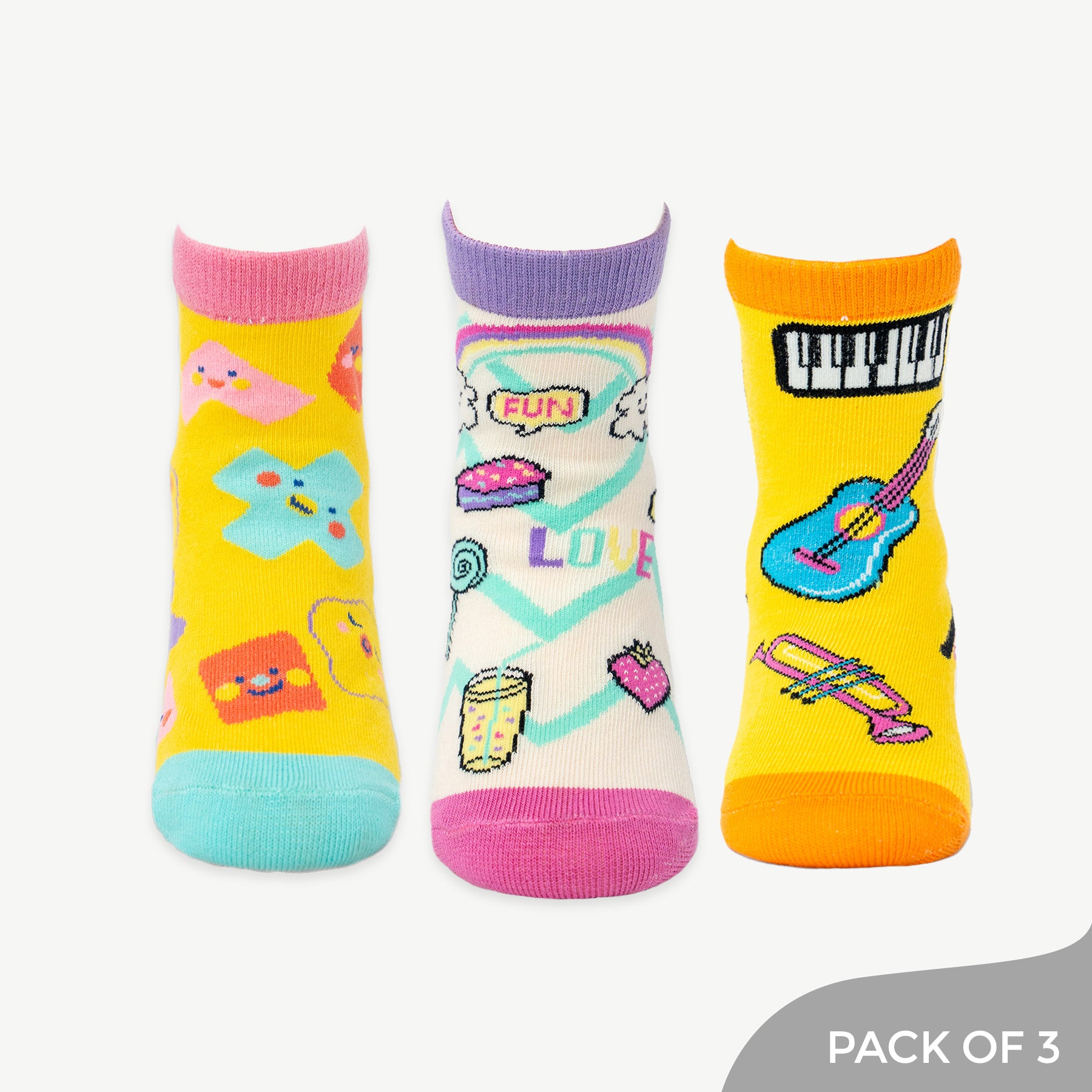 Cute Socks Collection for Girls including Good Vibes,Cute Shapes, Music Designer Socks- Pack of 3