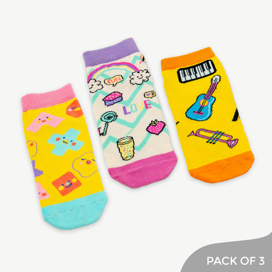 Cute Socks Collection for Girls including Good Vibes,Cute Shapes, Music Designer Socks- Pack of 3