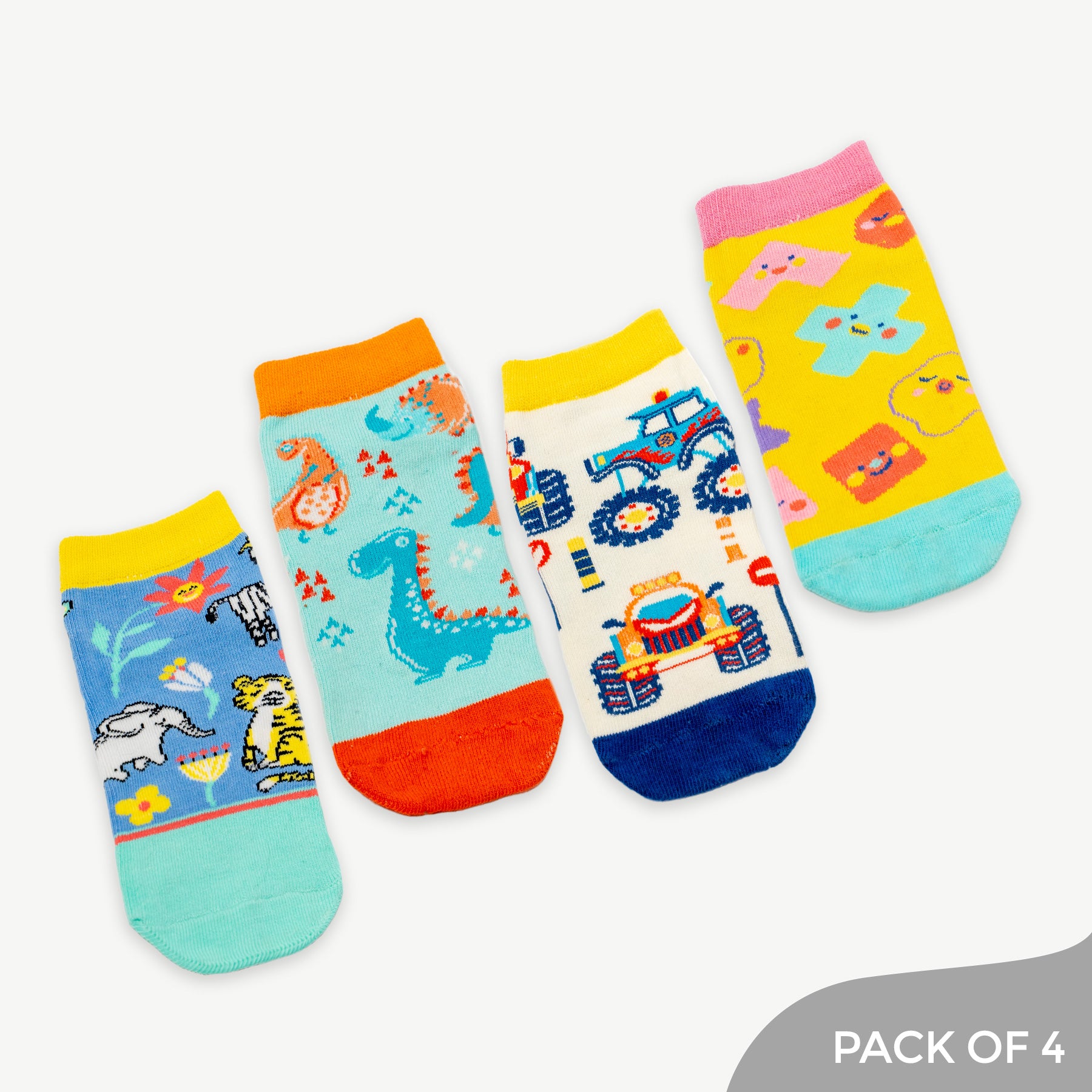 Little Adventure Socks with Multiple Designs Animals, Shapes, Dino & Monster Truck Pack of 4