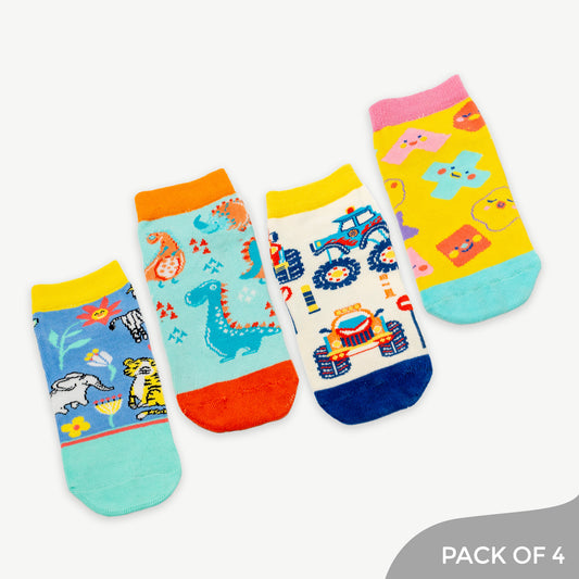 Little Adventure Socks with Multiple Designs Animals, Shapes, Dino & Monster Truck Pack of 4