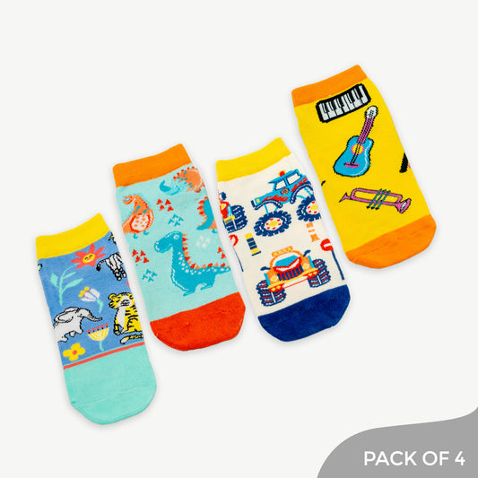 Unique Jungle Beats Mix Pattern Socks Animal Kingdom, Dino, Monster Truck, Music Pack Of 4