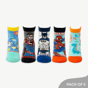 Superhero Fusion Ankle Socks including Batman ,Superman ,Spiderman ,Animal Kingdom& Dino Pattern - Pack of 5
