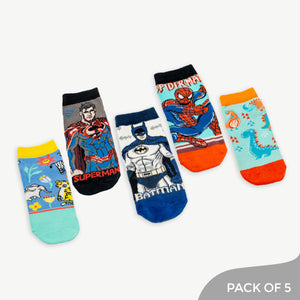 Superhero Fusion Ankle Socks including Batman ,Superman ,Spiderman ,Animal Kingdom& Dino Pattern - Pack of 5