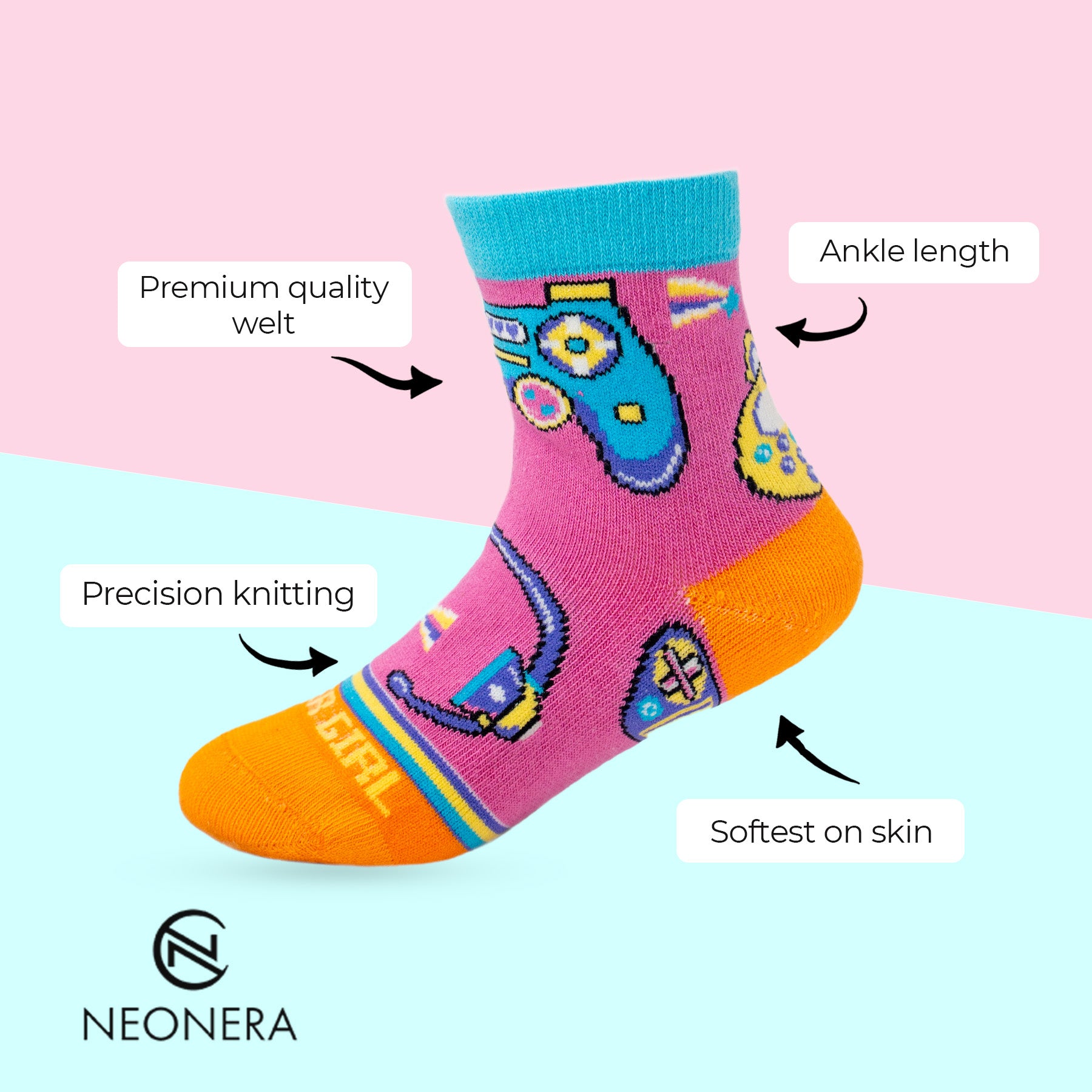 Get Set Go with Animal kingdom, Gamer Girl and Good Vibes Socks made for Girls - Pack of 3