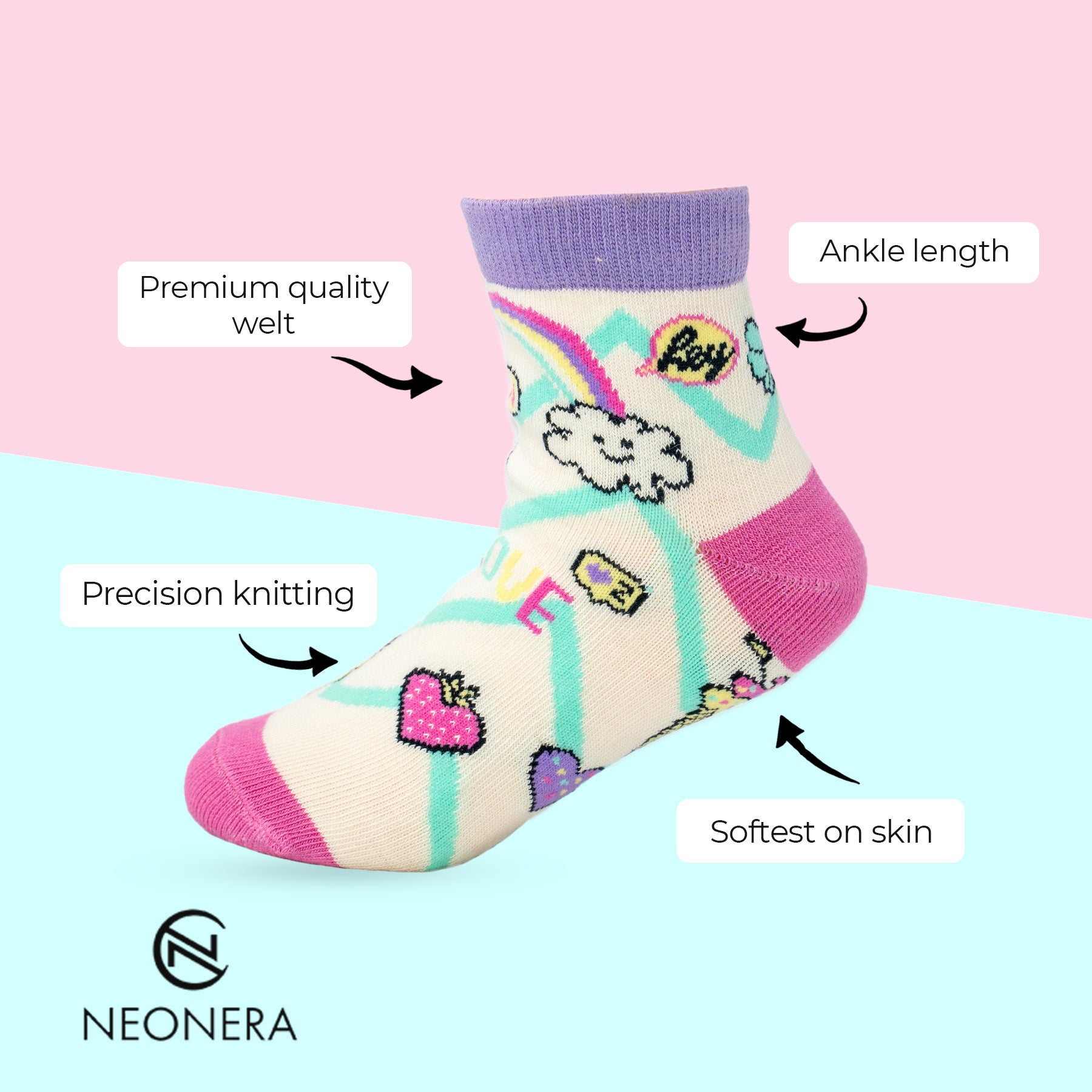 Cute Socks Collection for Girls including Good Vibes,Cute Shapes, Music Designer Socks- Pack of 3