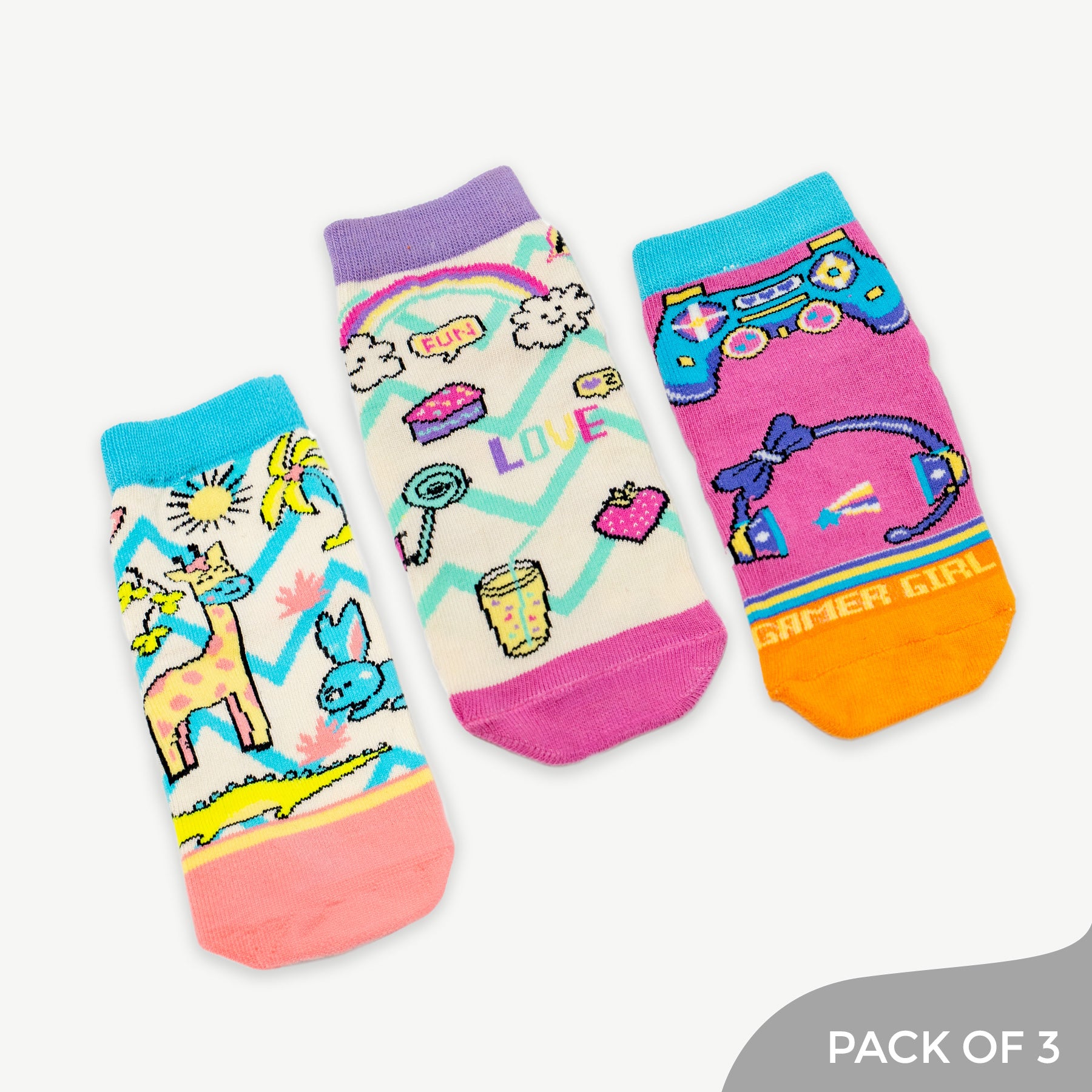 Get Set Go with Animal kingdom, Gamer Girl and Good Vibes Socks made for Girls - Pack of 3