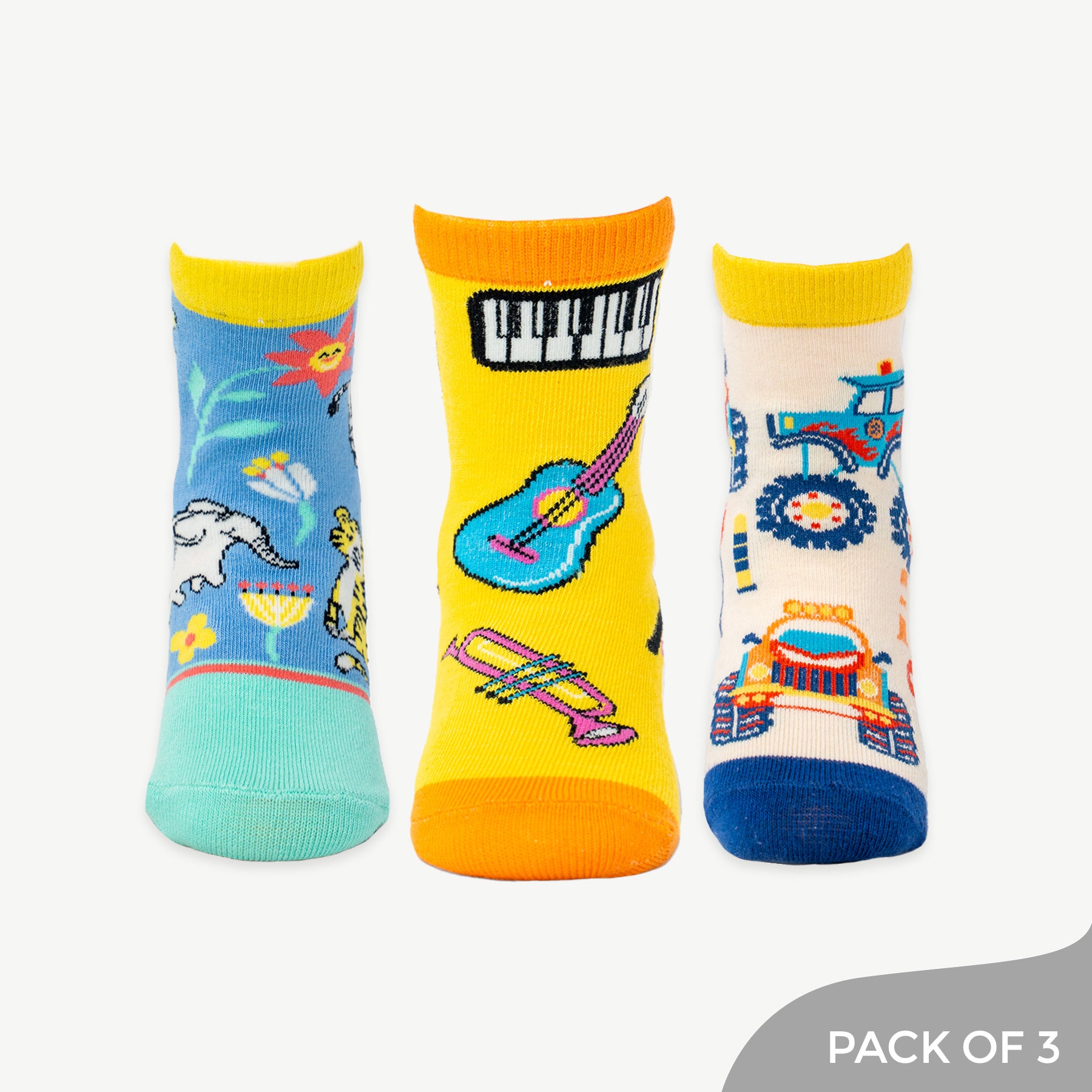 Musical Adventure Socks - Including Design like Music, Moster Truck & Animals - Pack of 3