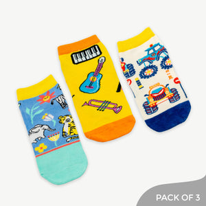 Musical Adventure Socks - Including Design like Music, Moster Truck & Animals - Pack of 3