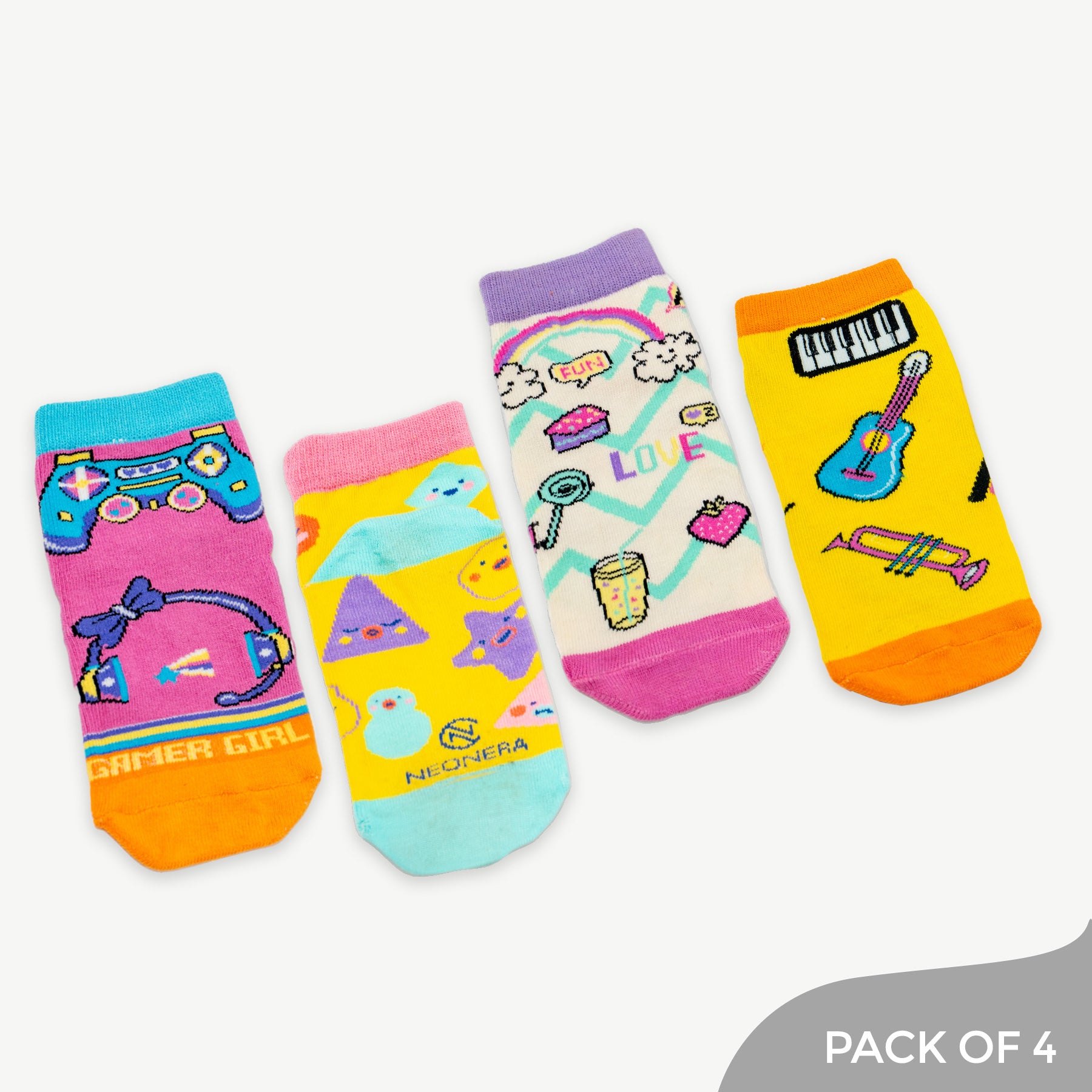 Glam Jam Set including Cute Shapes, Music, Good Vibes ,Gamer Girl - Pack Of 4 Socks