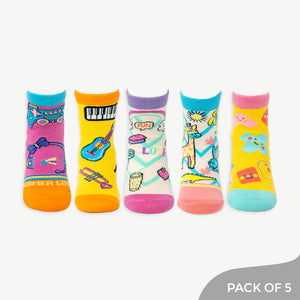Explore Zippy Glow Socks Pack with Animal kingdom girls, Cute shapes, Gamer Girl ,Good Vibes, Music Designs - Pack of 5 Socks