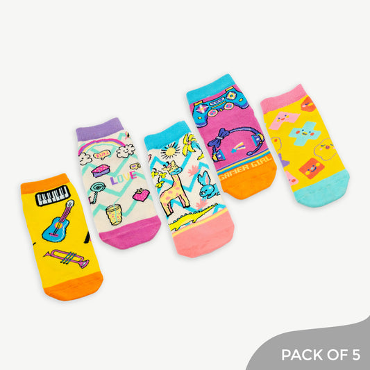Explore Zippy Glow Socks Pack with Animal kingdom girls, Cute shapes, Gamer Girl ,Good Vibes, Music Designs - Pack of 5 Socks