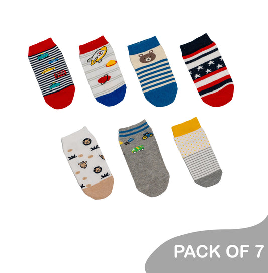 Kids Socks Combo – Mix Design like Stripes, Bears, Rocket, Car - Pack of 7