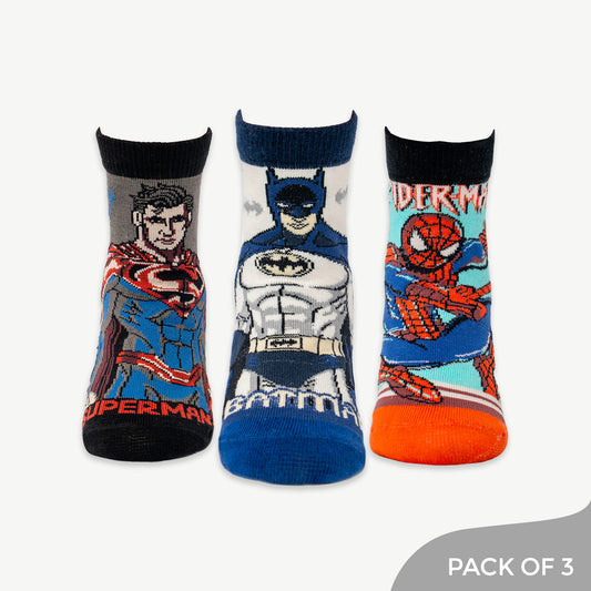 Superhero Ankle Socks Trio with Batman, Spiderman & Superman Designs - Pack of 3