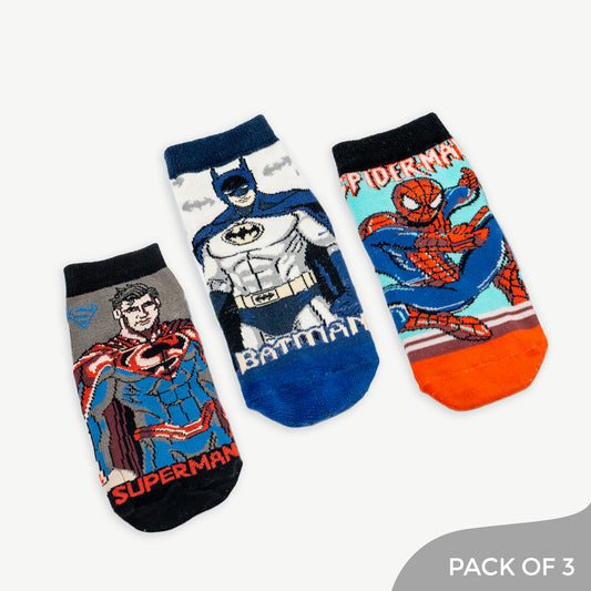 Superhero Ankle Socks Trio with Batman, Spiderman & Superman Designs - Pack of 3