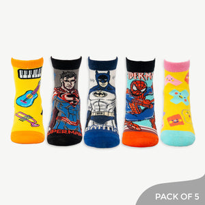 Musical Trio - Ankle Socks including Batman, Superman ,Spiderman ,Cute shapes ,Music - Pack of 5