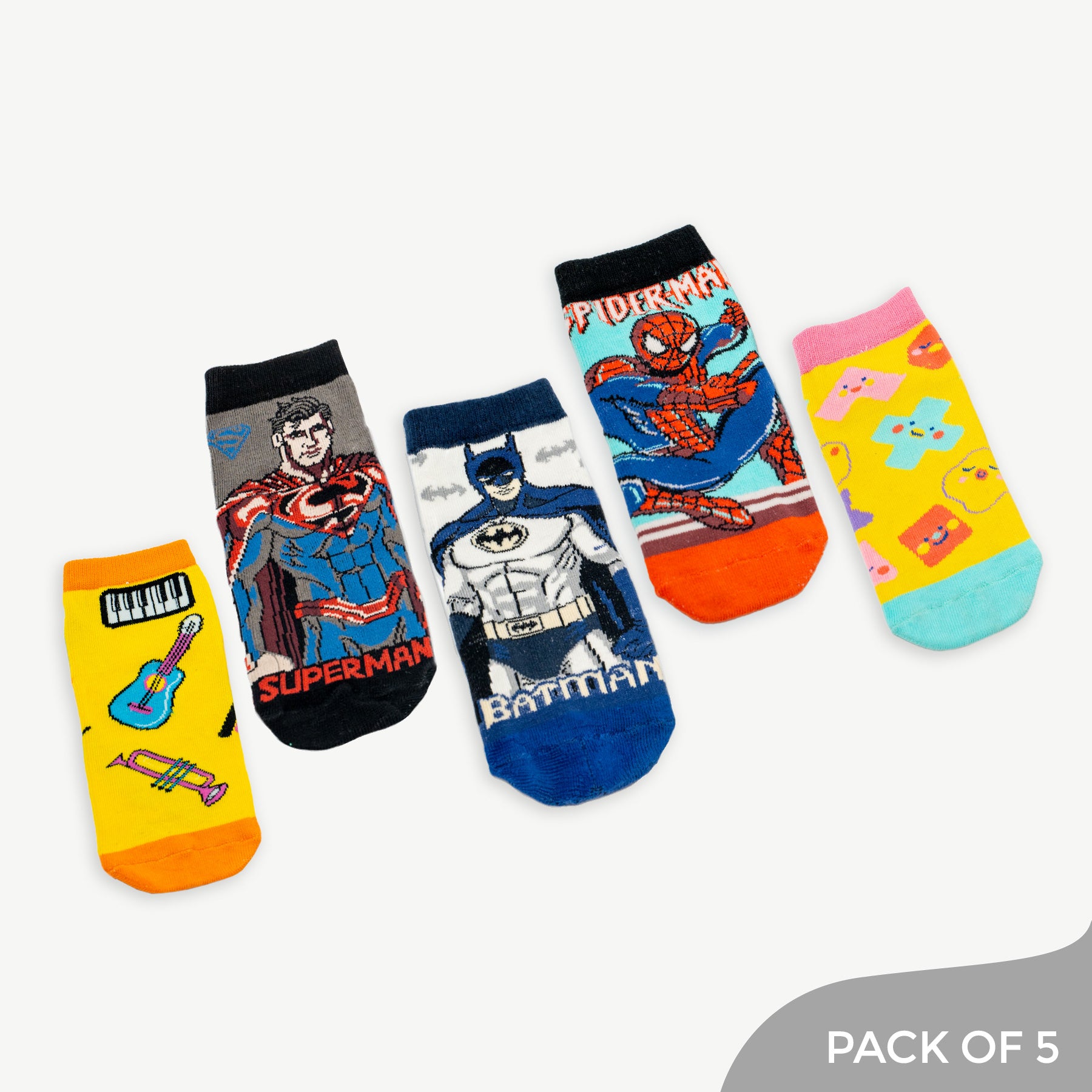 Musical Trio - Ankle Socks including Batman, Superman ,Spiderman ,Cute shapes ,Music - Pack of 5