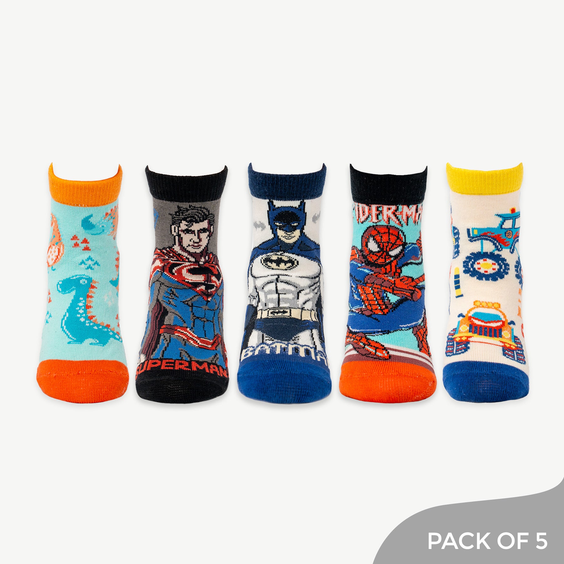 Explore Jungle Jam with Batman ,Spiderman, Superman, Monster Truck, Dino pattern socks - Pack of 5
