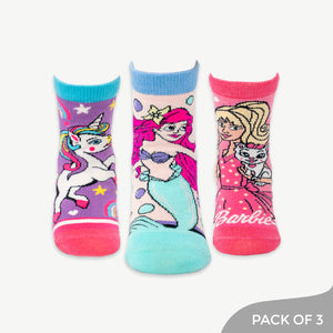 Unique Collection of Ankle length socks Including Unicorn, Mermaid & Barbie designs - Pack of 3