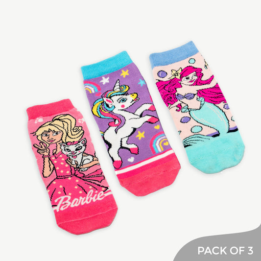 Unique Collection of Ankle length socks Including Unicorn, Mermaid & Barbie designs - Pack of 3